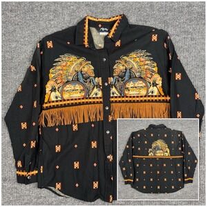 Vtg 90s Roper Western Shirt Mens AOP Native American Chief Fringe Southwestern